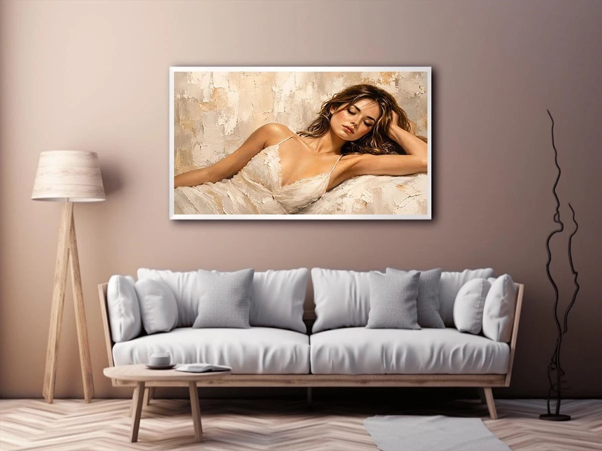 Elegant sleeping woman canvas wall art with soft neutral impasto textures and modern luxury interior styling