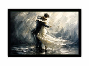 Abstract monochrome painting of a dancing couple with soft motion and flowing movement
