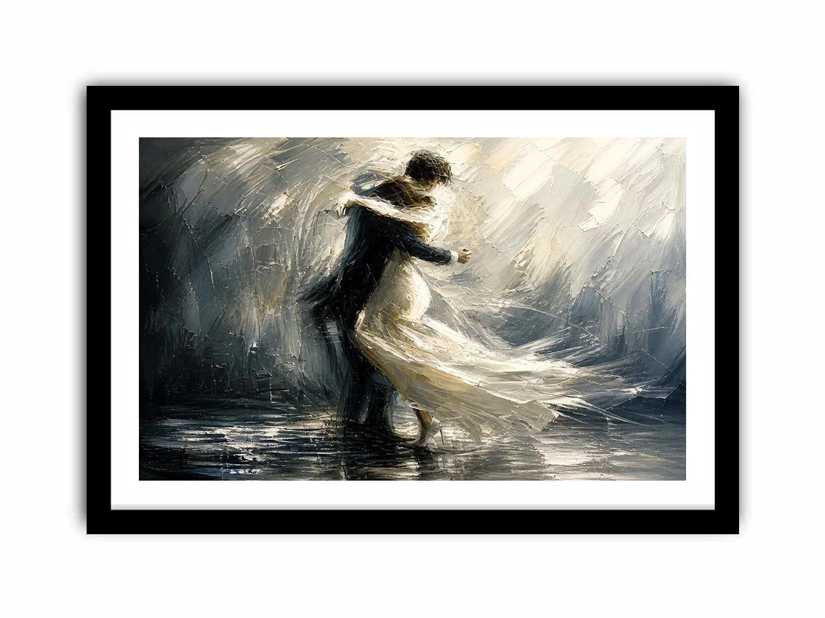 Abstract monochrome painting of a dancing couple with soft motion and flowing movement