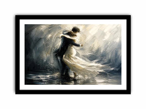 Abstract monochrome painting of a dancing couple with soft motion and flowing movement