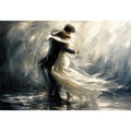 Abstract monochrome painting of a dancing couple with soft motion and flowing movement