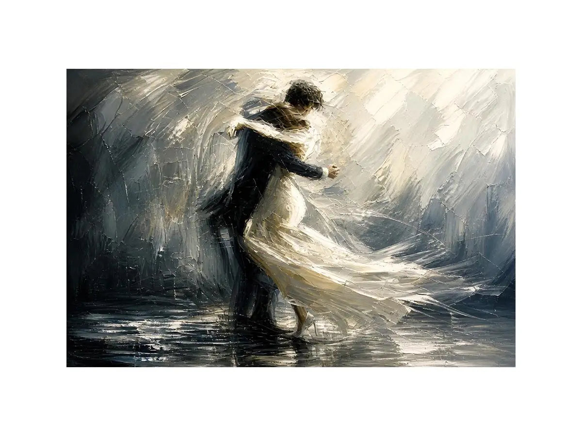 Abstract monochrome painting of a dancing couple with soft motion and flowing movement