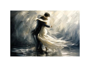 Abstract monochrome painting of a dancing couple with soft motion and flowing movement