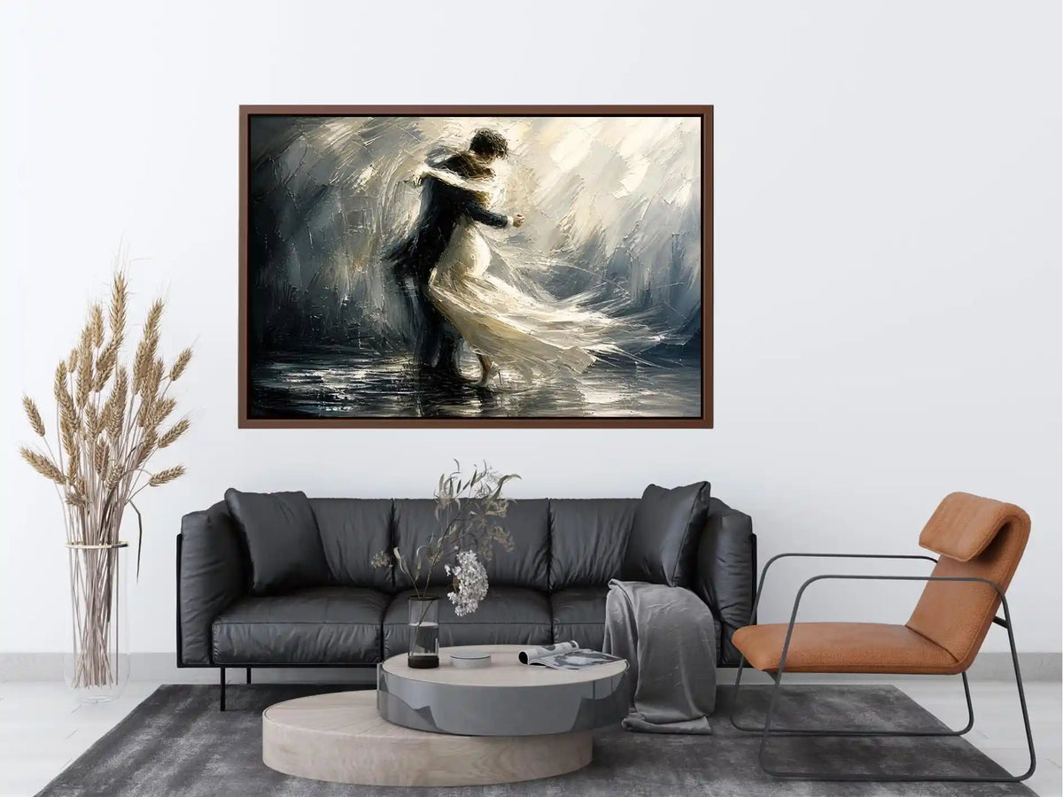 Abstract monochrome painting of a dancing couple with soft motion and flowing movement
