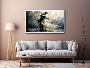 Abstract monochrome painting of a dancing couple with soft motion and flowing movement
