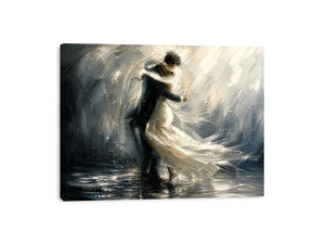 Abstract monochrome painting of a dancing couple with soft motion and flowing movement