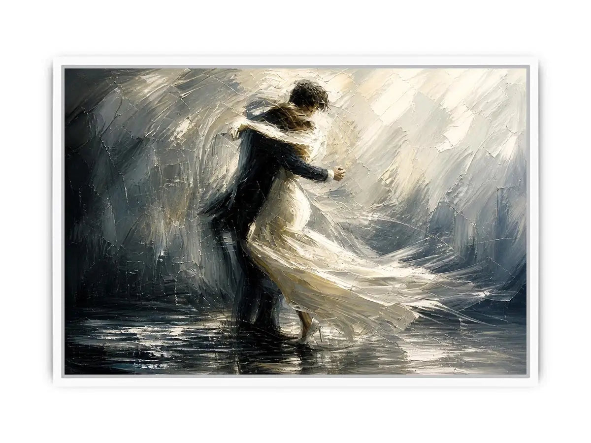 Abstract monochrome painting of a dancing couple with soft motion and flowing movement