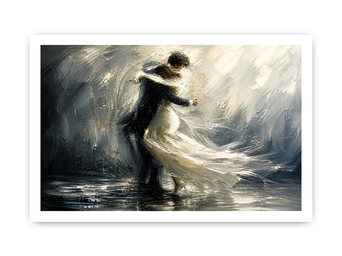 Abstract monochrome painting of a dancing couple with soft motion and flowing movement