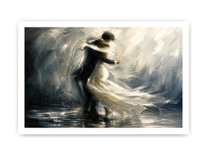 Abstract monochrome painting of a dancing couple with soft motion and flowing movement
