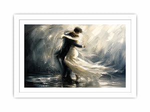 Abstract monochrome painting of a dancing couple with soft motion and flowing movement