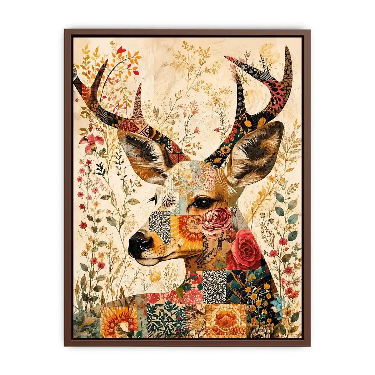 Boho patchwork deer canvas wall art with colorful floral collage details and whimsical folk art styling