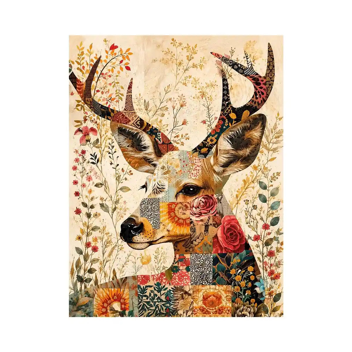 Boho patchwork deer canvas wall art with colorful floral collage details and whimsical folk art styling