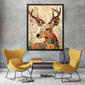 Boho patchwork deer canvas wall art with colorful floral collage details and whimsical folk art styling