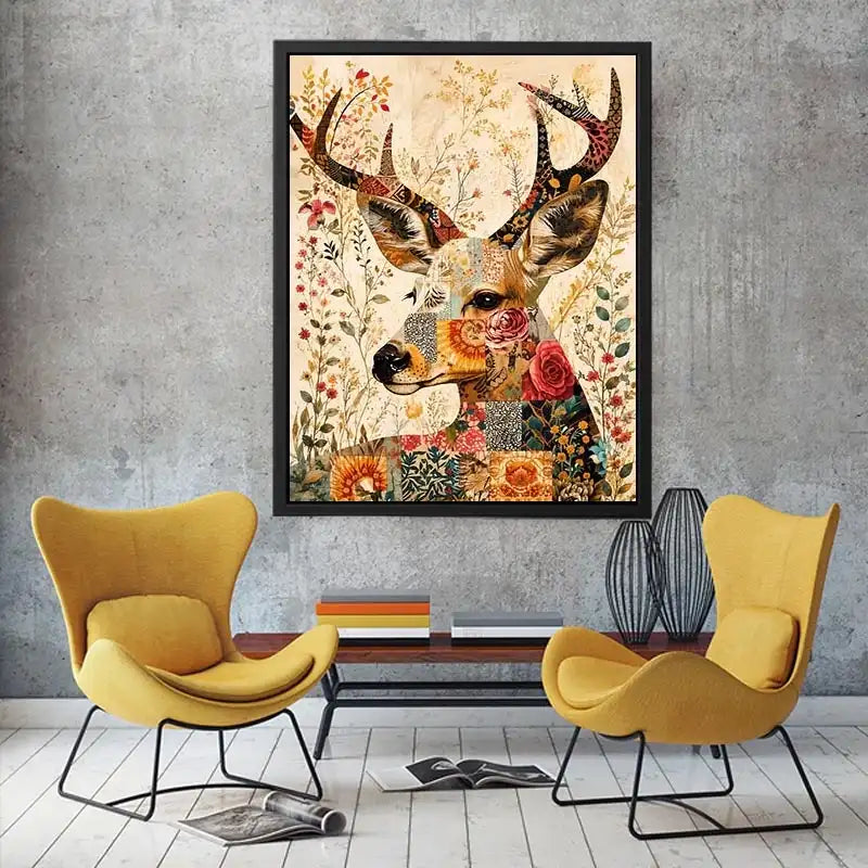 Boho patchwork deer canvas wall art with colorful floral collage details and whimsical folk art styling