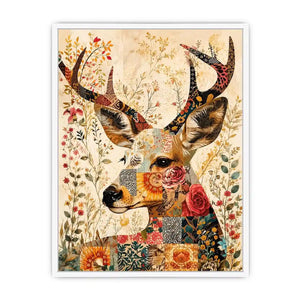 Boho patchwork deer canvas wall art with colorful floral collage details and whimsical folk art styling