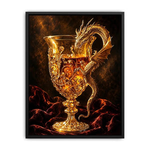 Golden dragon goblet fantasy canvas wall art with luxurious glowing medieval details and dramatic dark background