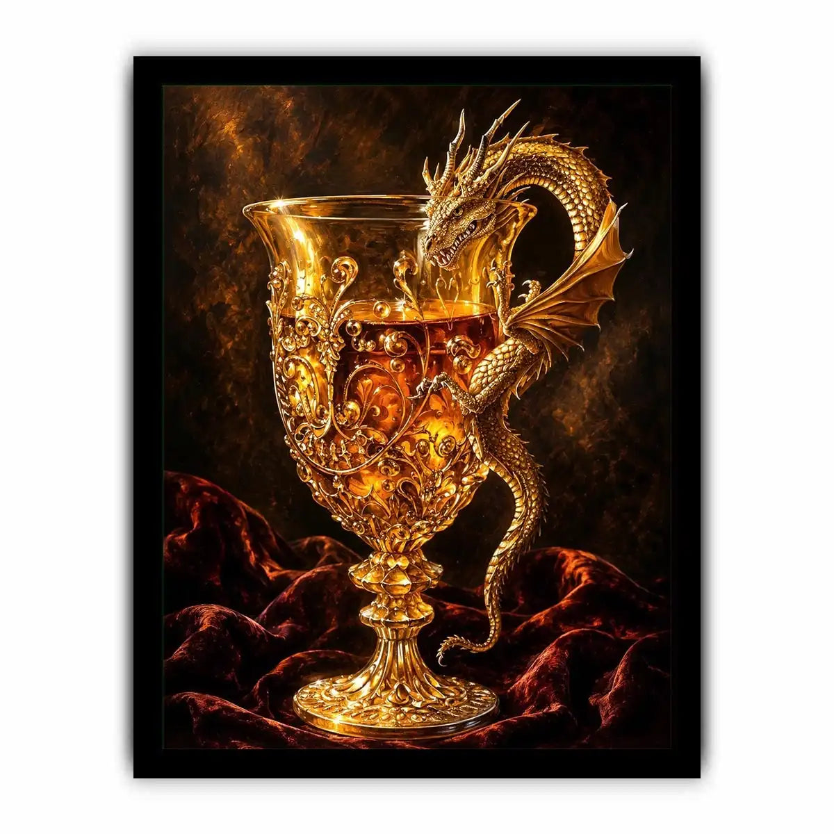 Golden dragon goblet fantasy canvas wall art with luxurious glowing medieval details and dramatic dark background