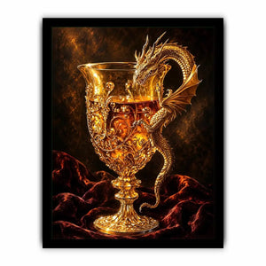Golden dragon goblet fantasy canvas wall art with luxurious glowing medieval details and dramatic dark background