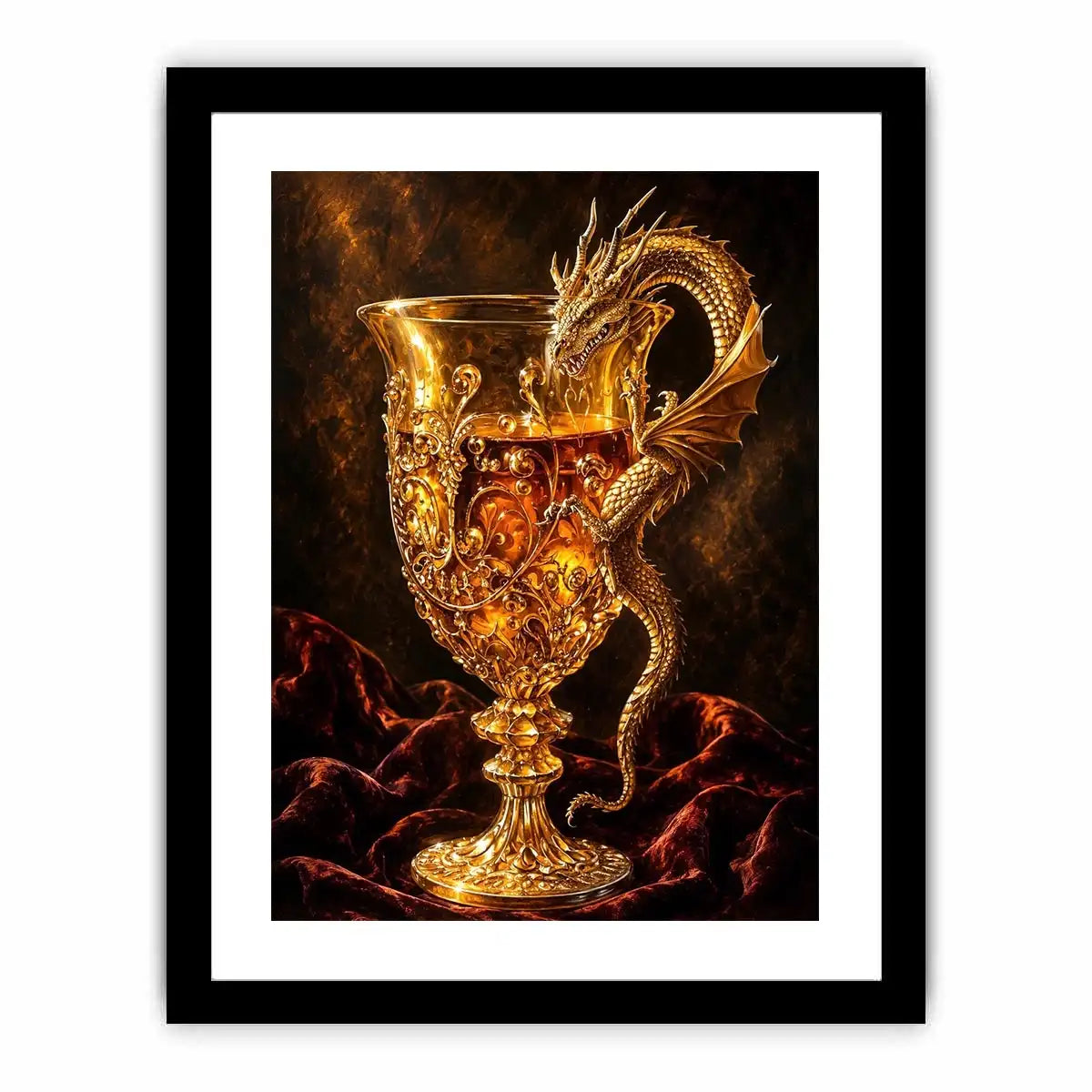 Golden dragon goblet fantasy canvas wall art with luxurious glowing medieval details and dramatic dark background
