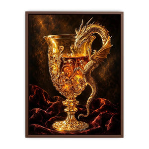 Golden dragon goblet fantasy canvas wall art with luxurious glowing medieval details and dramatic dark background