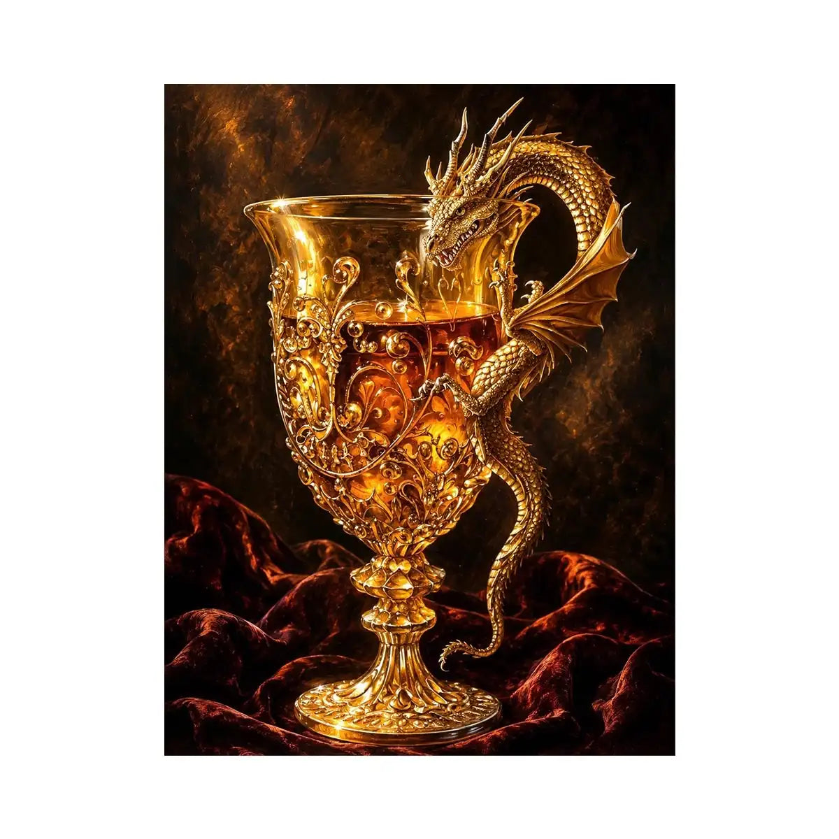 Golden dragon goblet fantasy canvas wall art with luxurious glowing medieval details and dramatic dark background