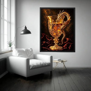 Golden dragon goblet fantasy canvas wall art with luxurious glowing medieval details and dramatic dark background