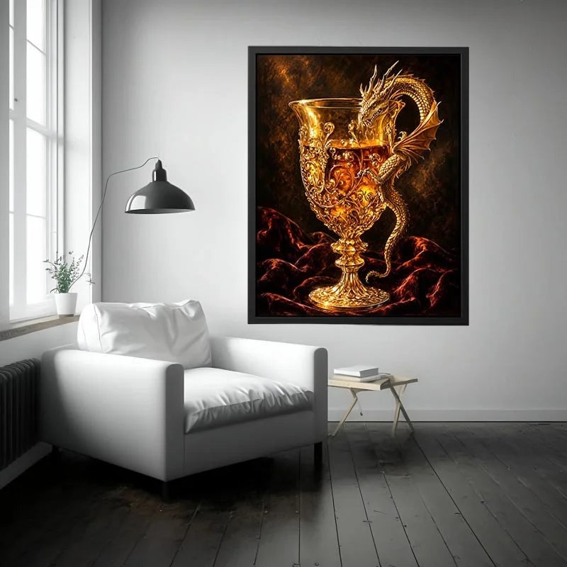 Golden dragon goblet fantasy canvas wall art with luxurious glowing medieval details and dramatic dark background