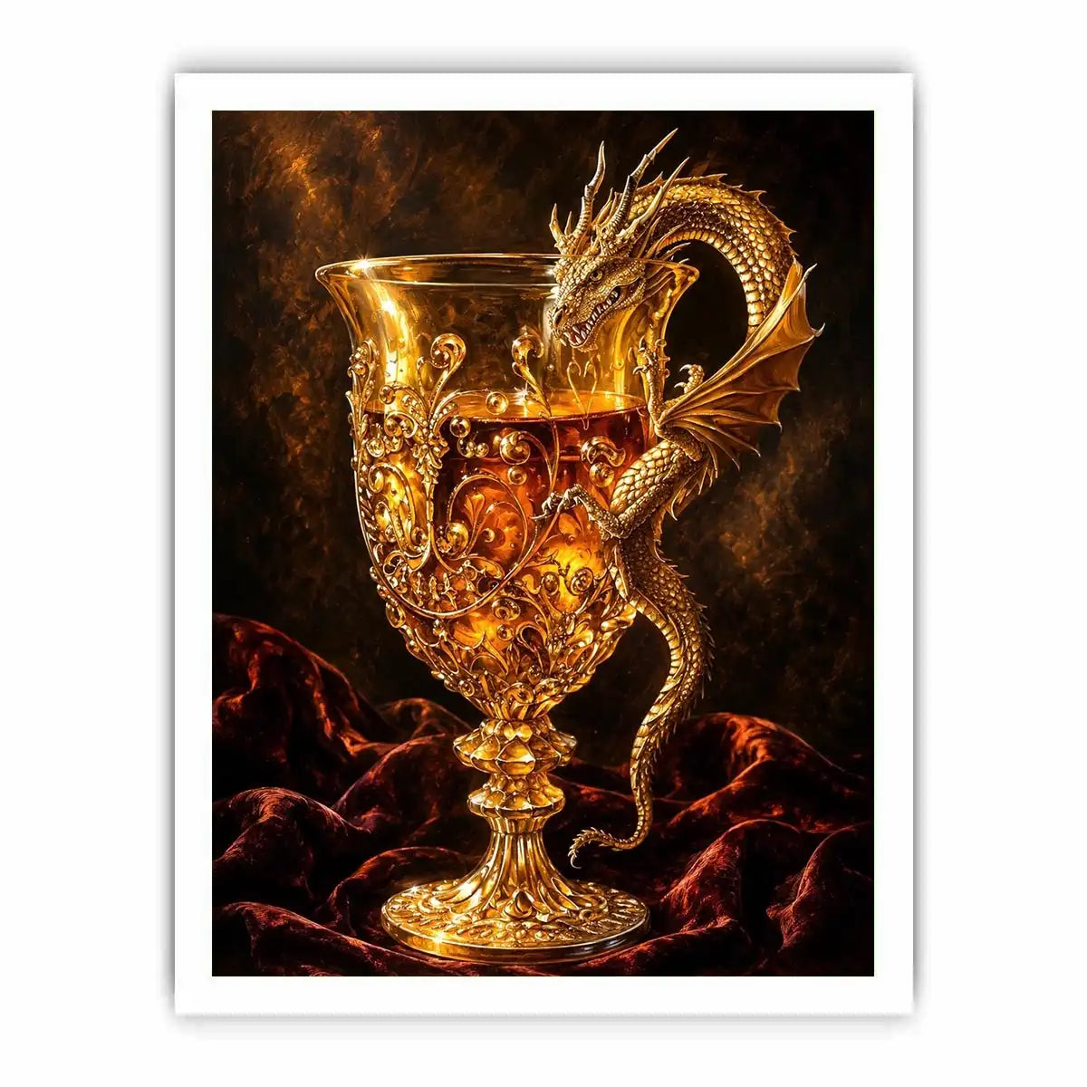 Golden dragon goblet fantasy canvas wall art with luxurious glowing medieval details and dramatic dark background