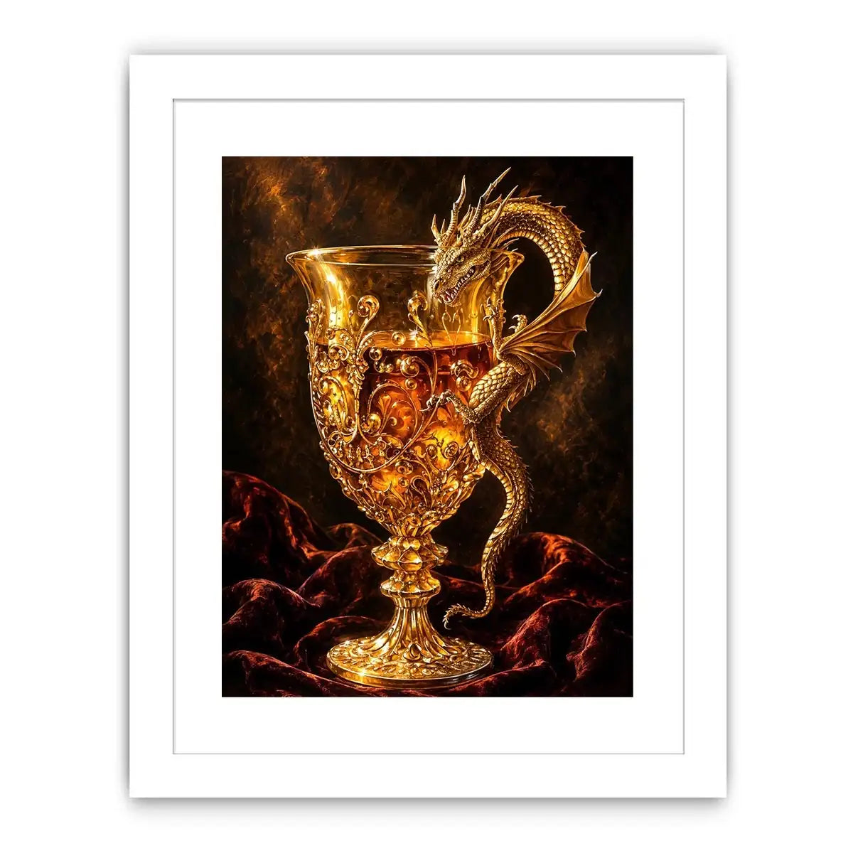 Golden dragon goblet fantasy canvas wall art with luxurious glowing medieval details and dramatic dark background