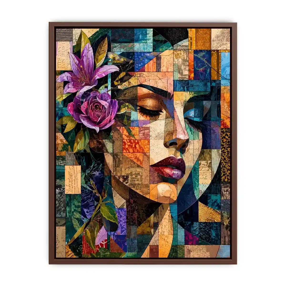 Abstract cubist woman portrait canvas wall art with floral accents and colorful geometric collage textures