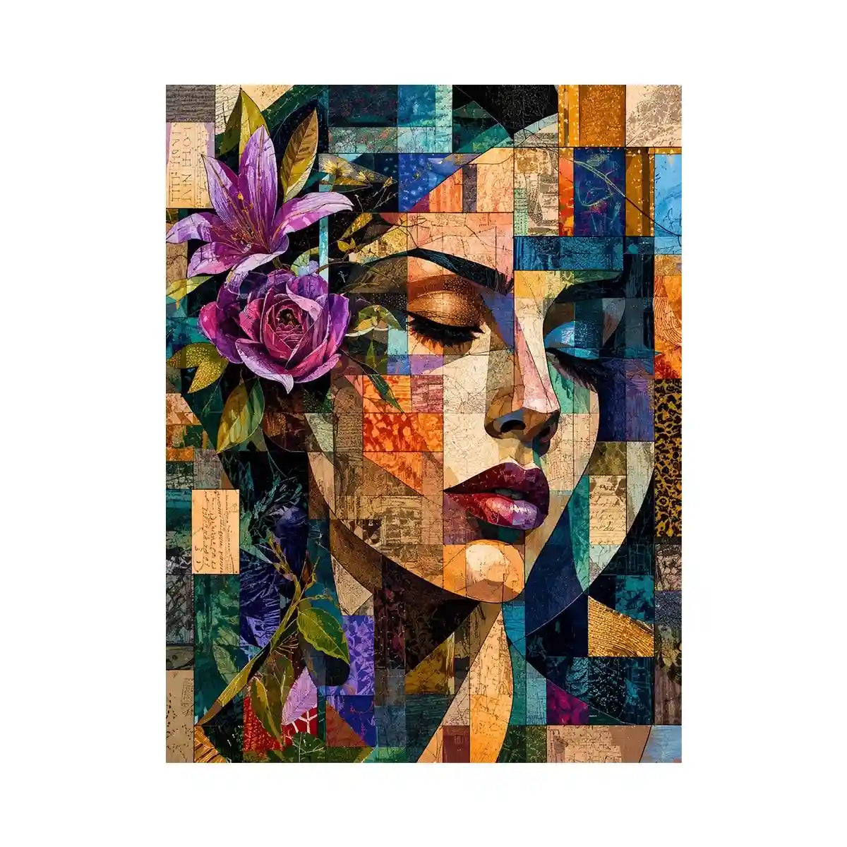Abstract cubist woman portrait canvas wall art with floral accents and colorful geometric collage textures