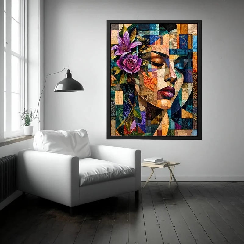 Abstract cubist woman portrait canvas wall art with floral accents and colorful geometric collage textures