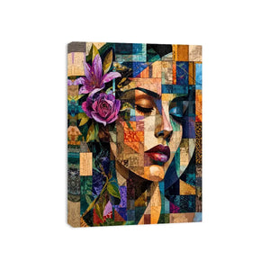 Abstract cubist woman portrait canvas wall art with floral accents and colorful geometric collage textures