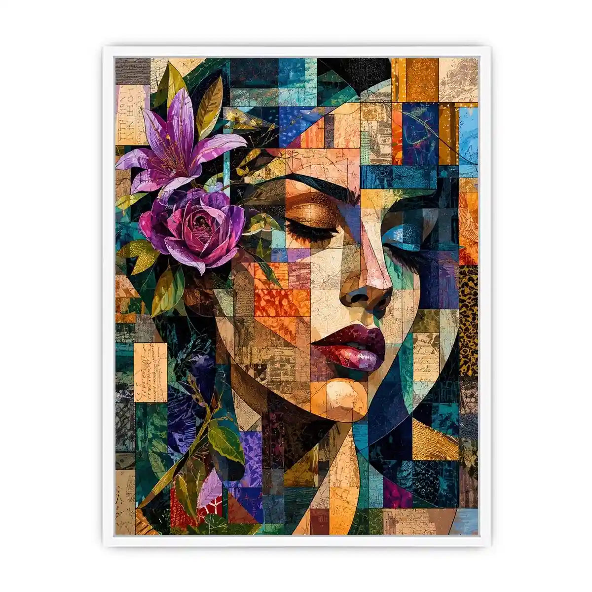 Abstract cubist woman portrait canvas wall art with floral accents and colorful geometric collage textures