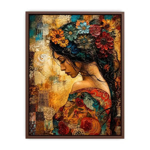 Boho floral woman portrait canvas wall art with colorful collage textures and expressive modern styling