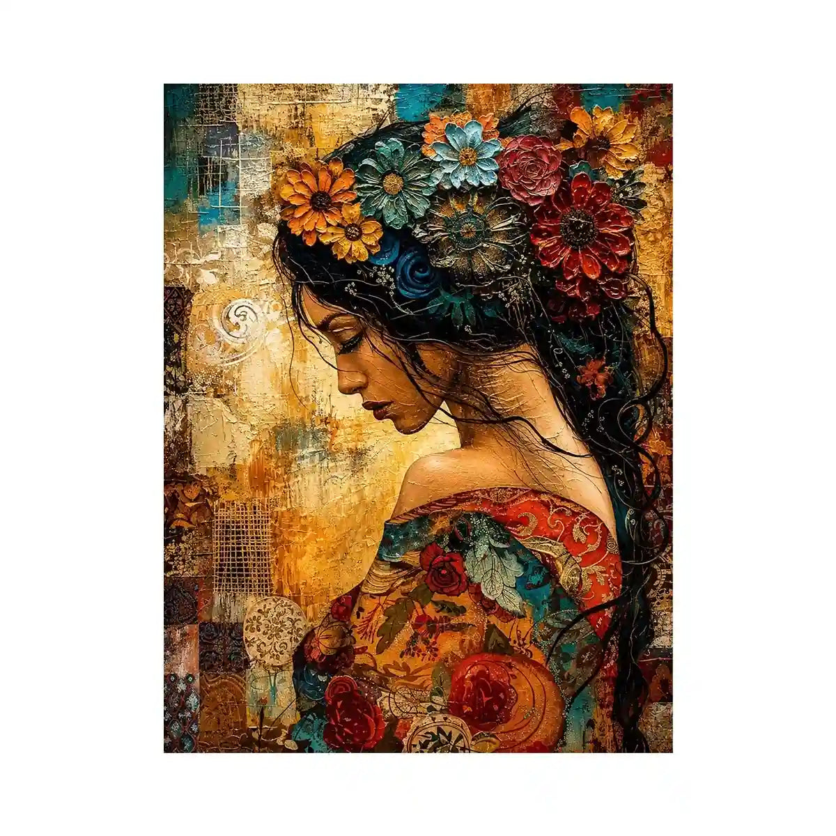 Boho floral woman portrait canvas wall art with colorful collage textures and expressive modern styling