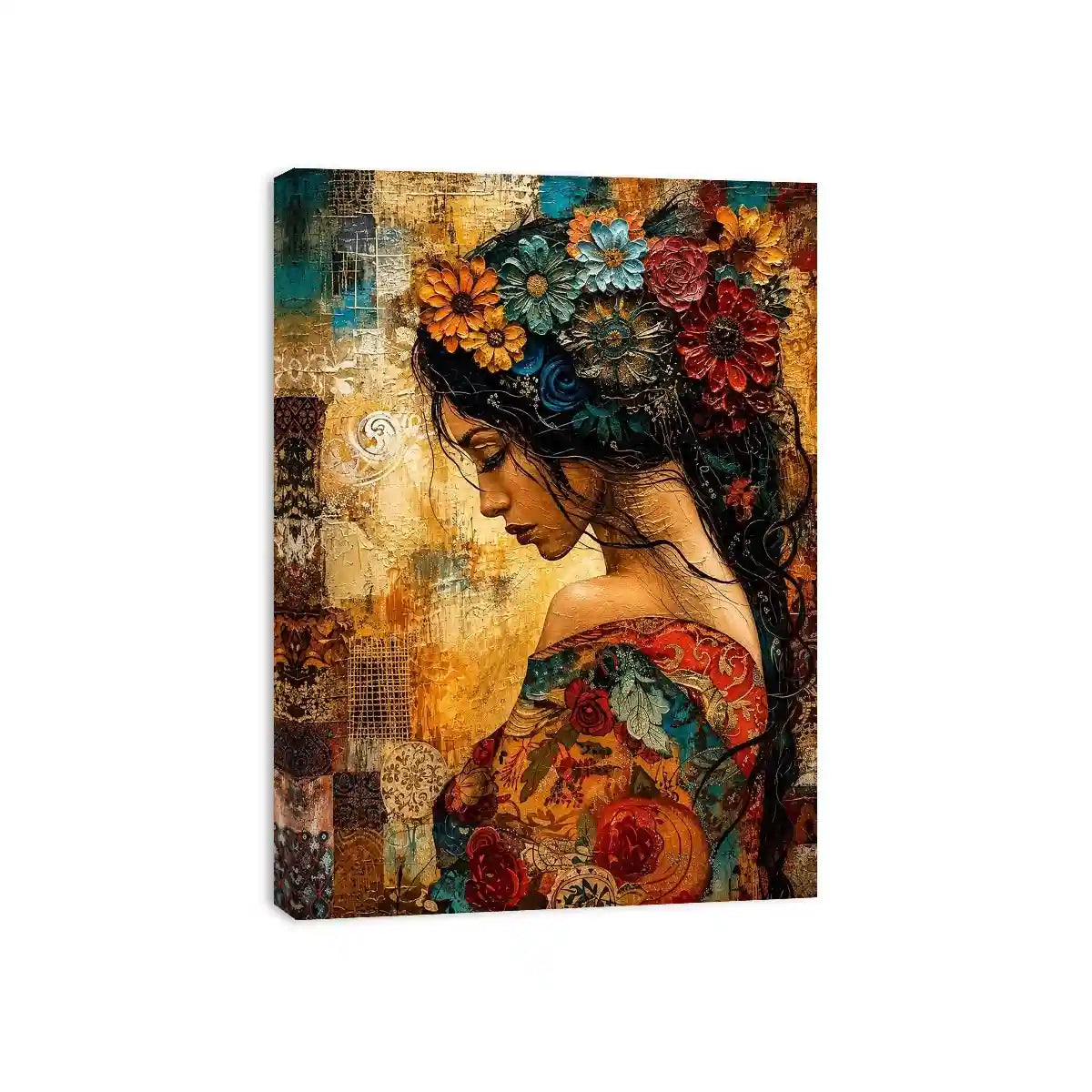 Boho floral woman portrait canvas wall art with colorful collage textures and expressive modern styling