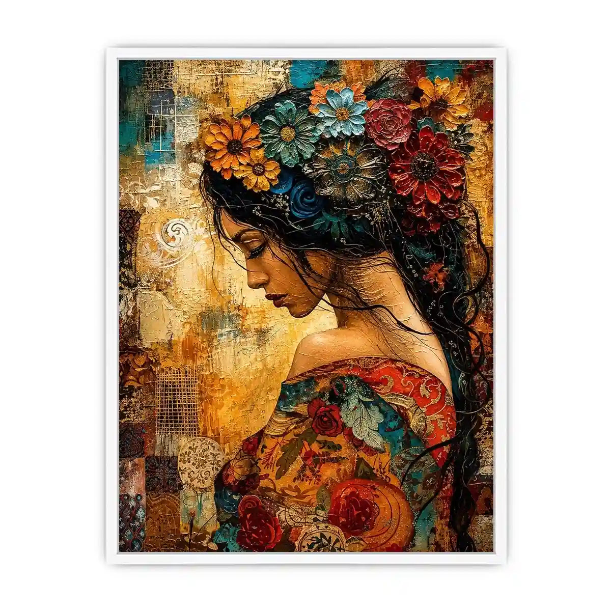 Boho floral woman portrait canvas wall art with colorful collage textures and expressive modern styling