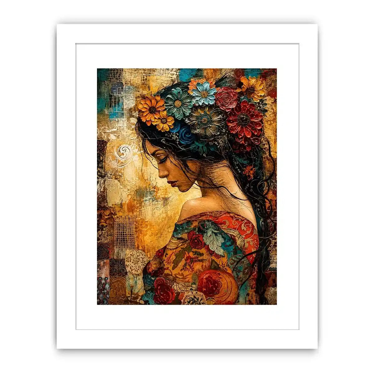 Boho floral woman portrait canvas wall art with colorful collage textures and expressive modern styling