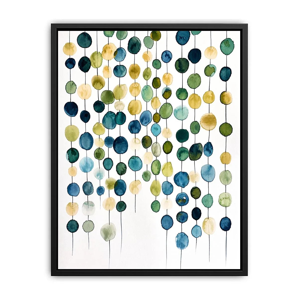 Minimalist watercolor circles in blue and beige arranged in vertical hanging pattern
