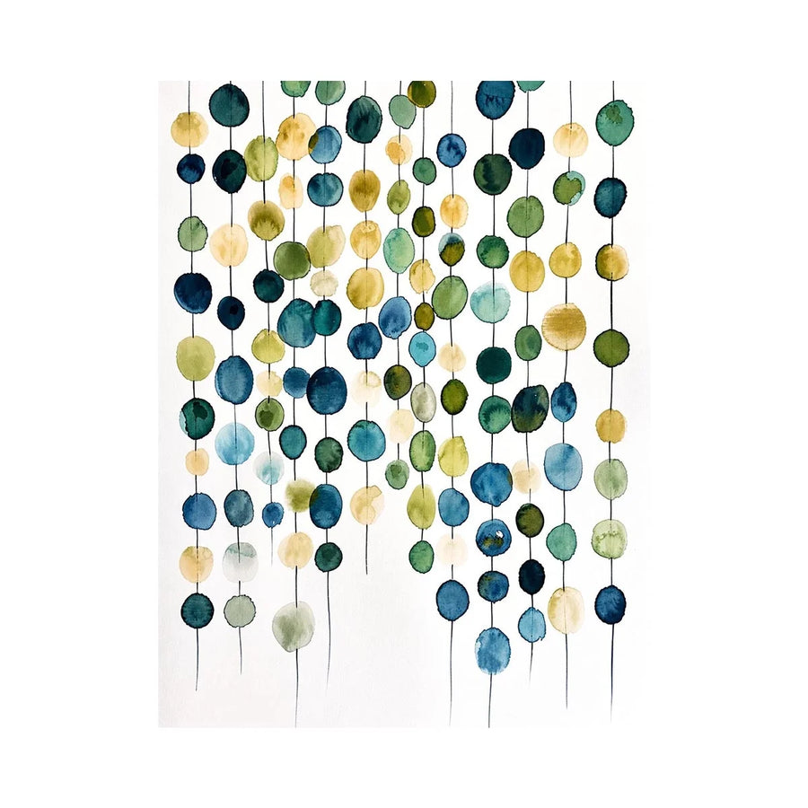 Minimalist watercolor circles in blue and beige arranged in vertical hanging pattern