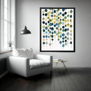 Minimalist watercolor circles in blue and beige arranged in vertical hanging pattern