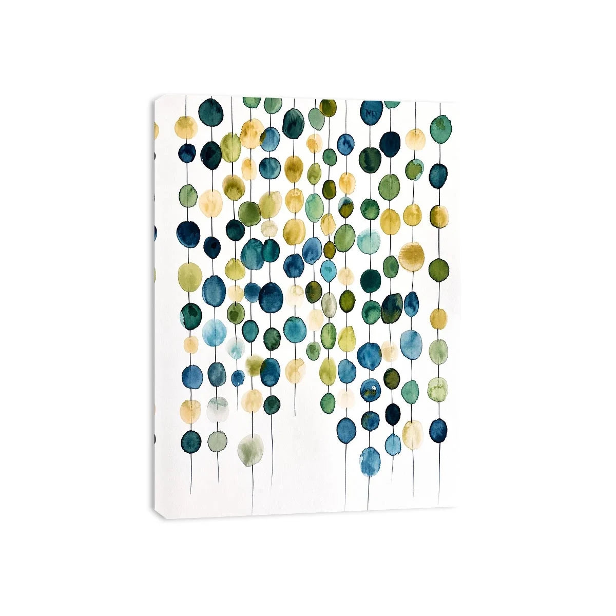 Minimalist watercolor circles in blue and beige arranged in vertical hanging pattern