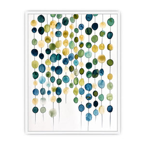 Minimalist watercolor circles in blue and beige arranged in vertical hanging pattern