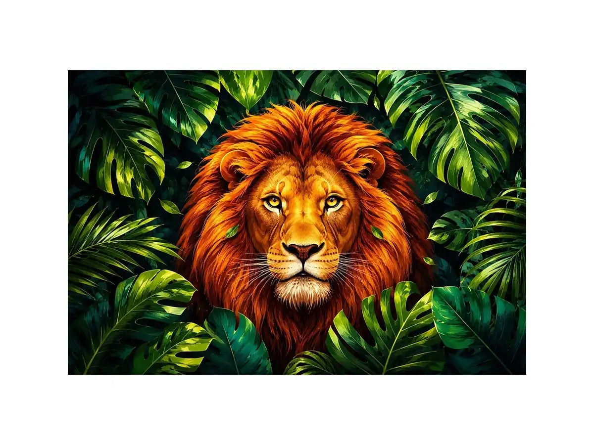Tropical lion jungle canvas wall art with lush green leaves and vibrant modern illustration style