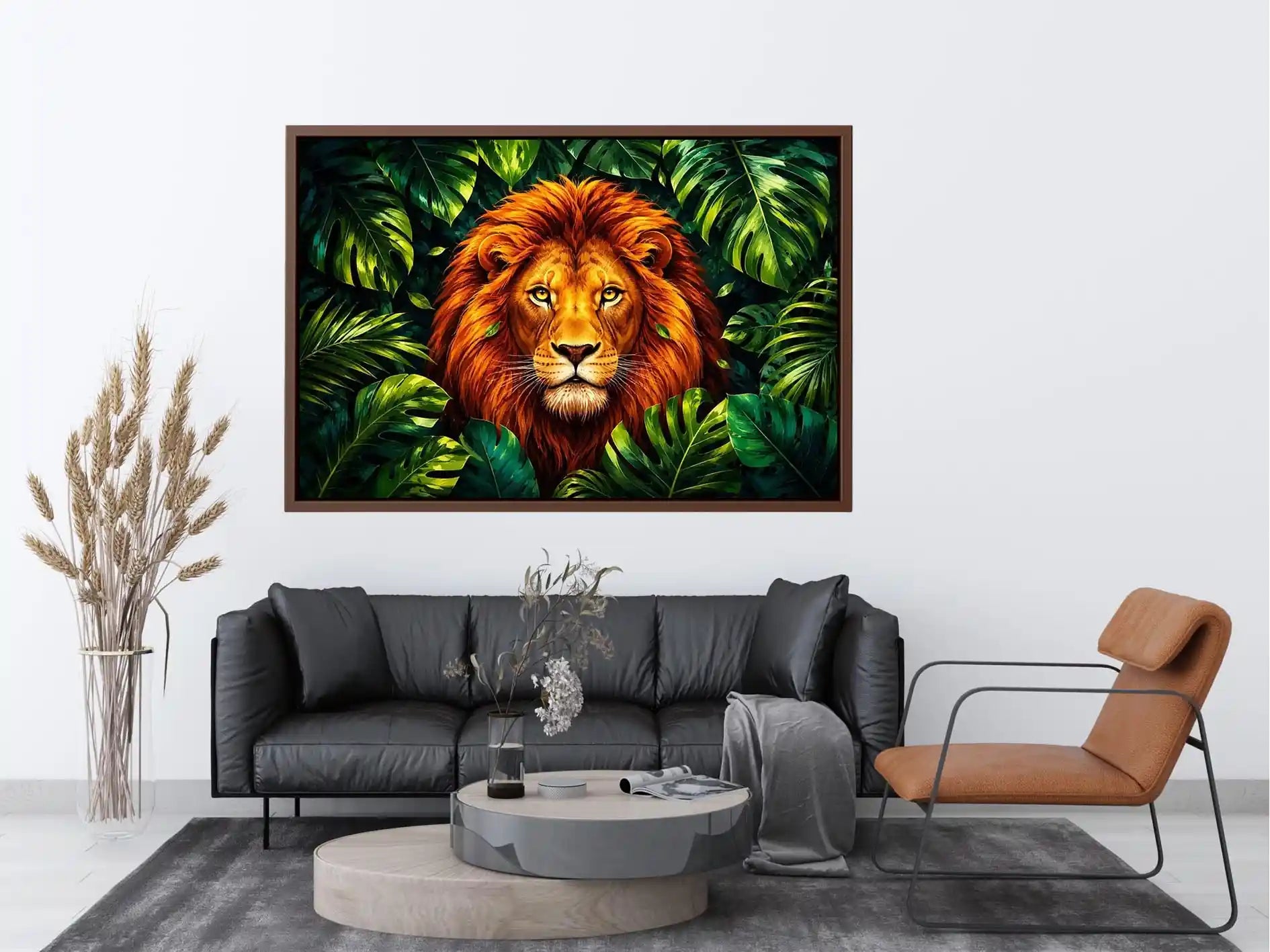 Tropical lion jungle canvas wall art with lush green leaves and vibrant modern illustration style