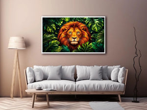 Tropical lion jungle canvas wall art with lush green leaves and vibrant modern illustration style