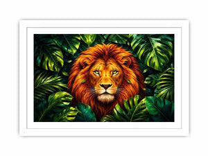 Tropical lion jungle canvas wall art with lush green leaves and vibrant modern illustration style