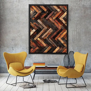 Rustic geometric wood texture canvas wall art with modern herringbone pattern and earthy natural tones