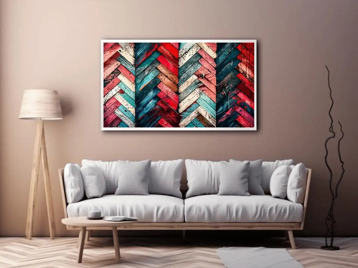 Modern colorful herringbone wood texture canvas wall art with bold geometric abstract pattern design
